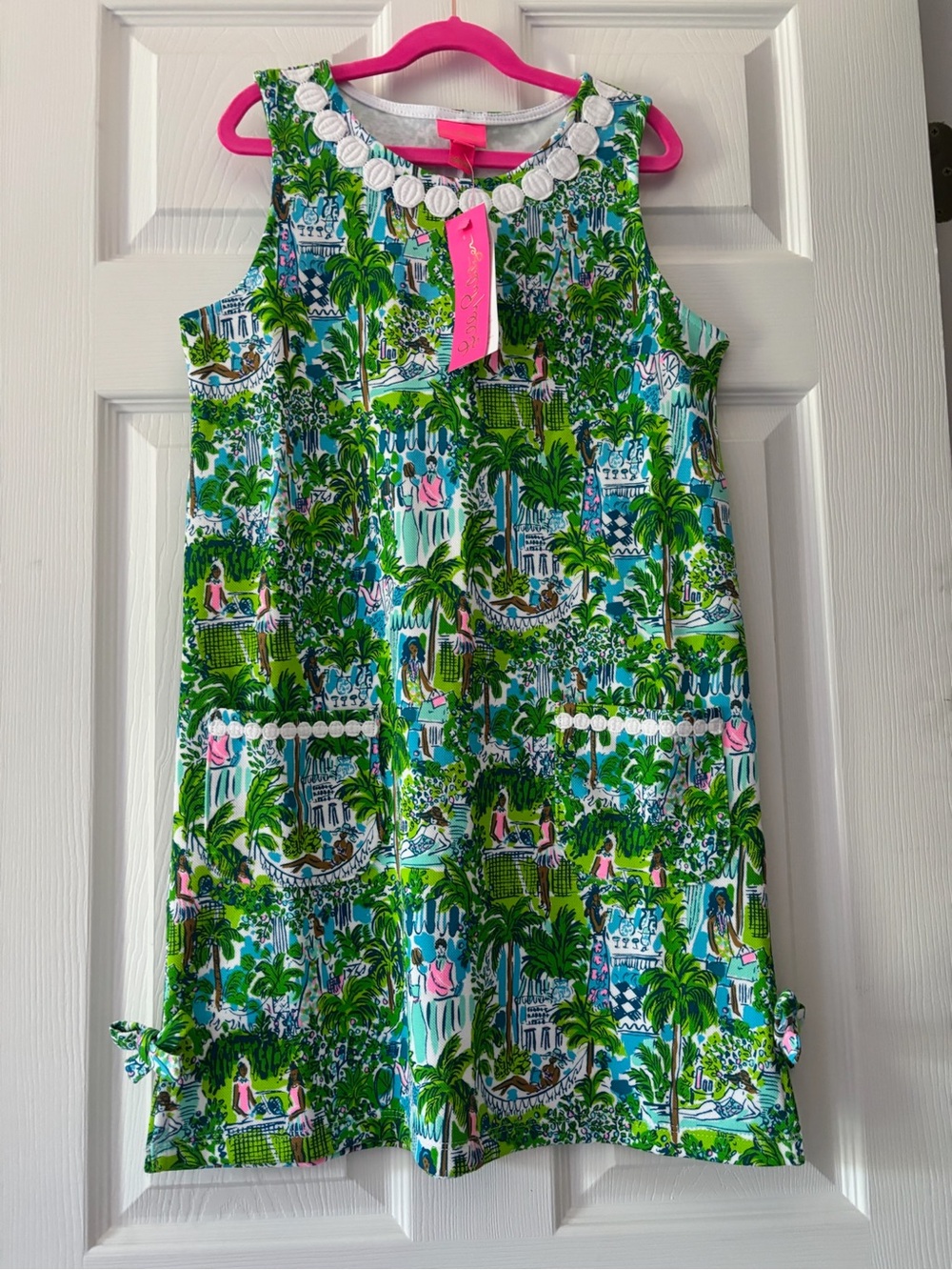 Lilly Pulitzer Green and Blue Tropical Shift Dress with White Shell Trim
